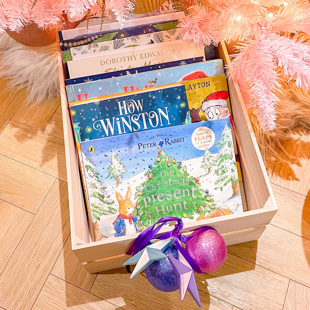 A box of Children's Christmas Book Recommendations